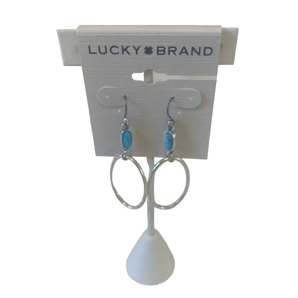Turquoise Open Circle Silver Toned Drop Earring. - Picture 1 of 6